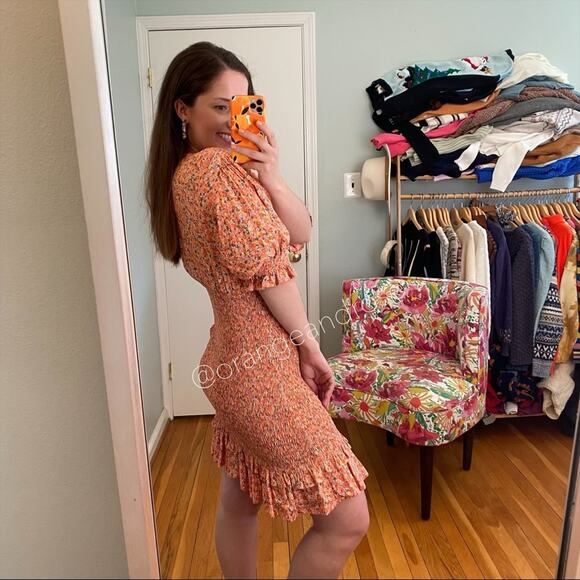 FAITHFULL THE BRAND Pink Yellow Dainty Floral Smocked V Neck Mini Dress M - Picture 3 of 14